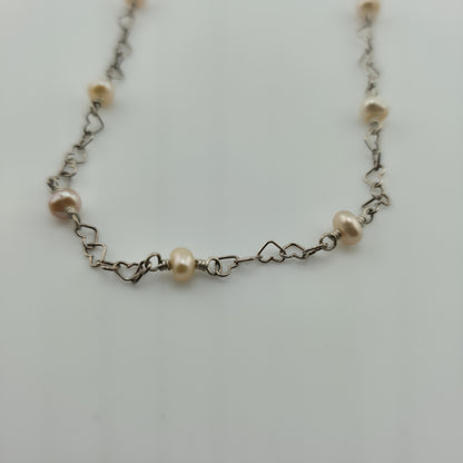 925 Sterling Silver Heart Links ❤️ Pearls Necklace Jewelry 16 Inches