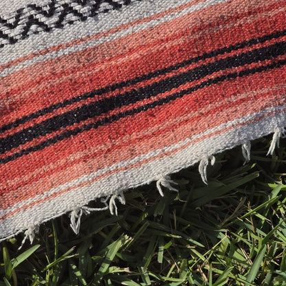 Vintage Sola Mexican Blanket Serape Red Black Throw Stripe Tassel 71 x 25