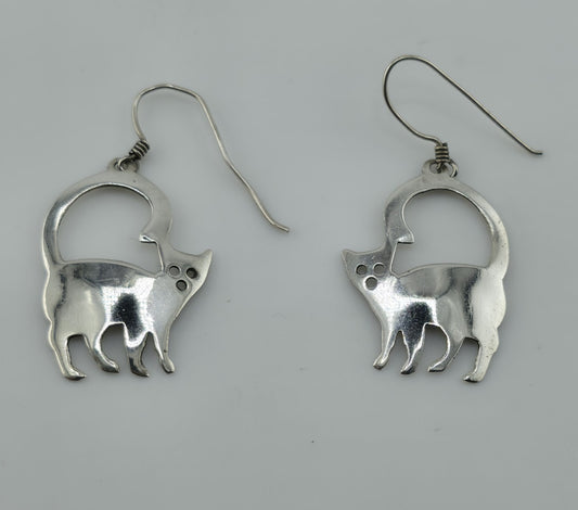 Sterling Silver Modernist Kitty Cat MCM Dangle Hook Earrings 3g 925 Vintage Alt