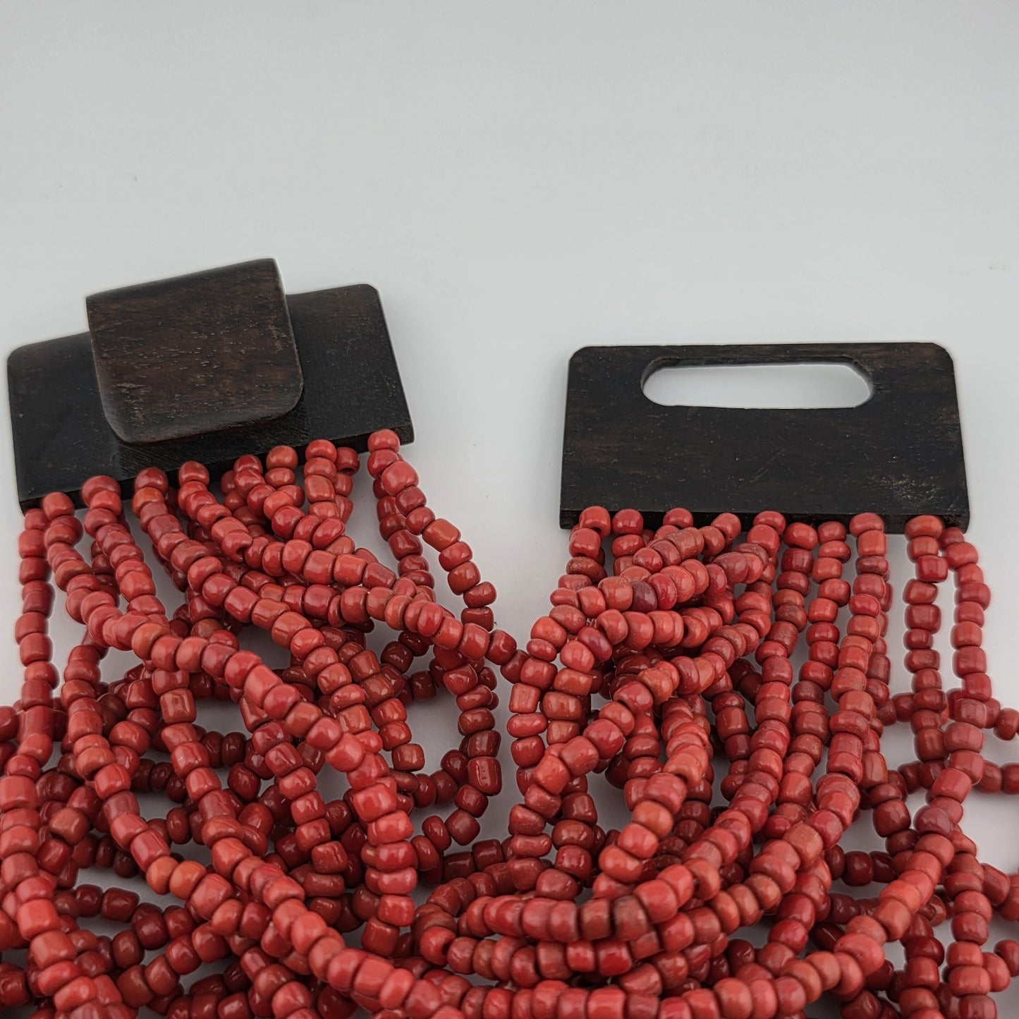 Dark Red Glass Bead Multistrand, Layered Necklace With Wooden Square Closure
