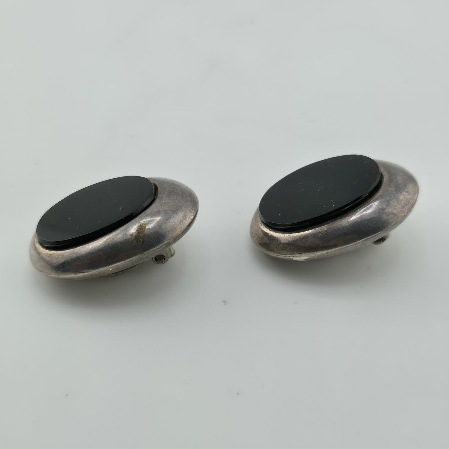 ZINA 925 Sterling Silver Clip On Earrings Vintage Black Onyx Dome Non Pierce