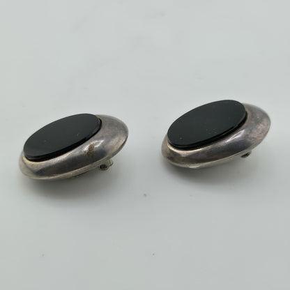 ZINA 925 Sterling Silver Clip On Earrings Vintage Black Onyx Dome Non Pierce