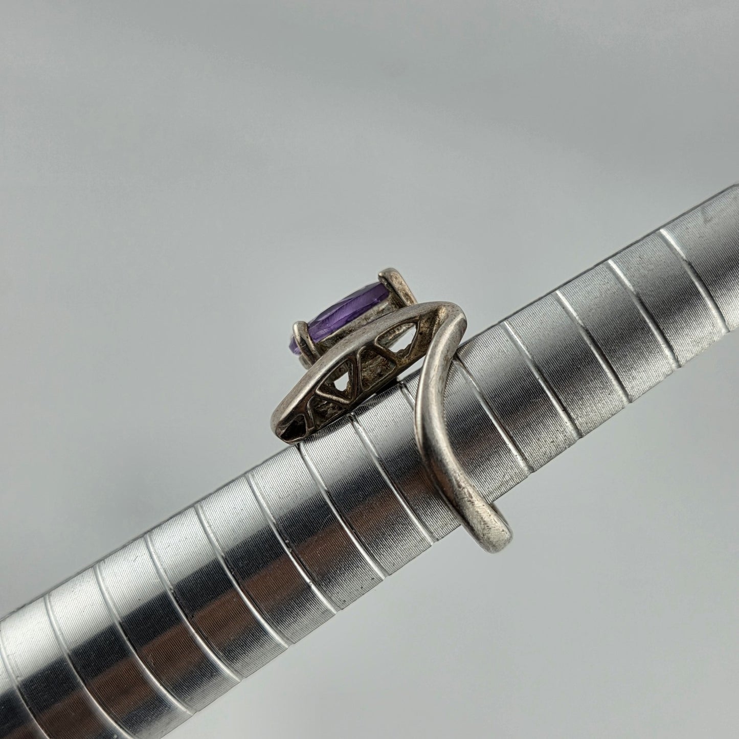 925 Sterling Silver Ring Pear Cut Amethyst Unique Modernist 3.25 Vintage Artisan