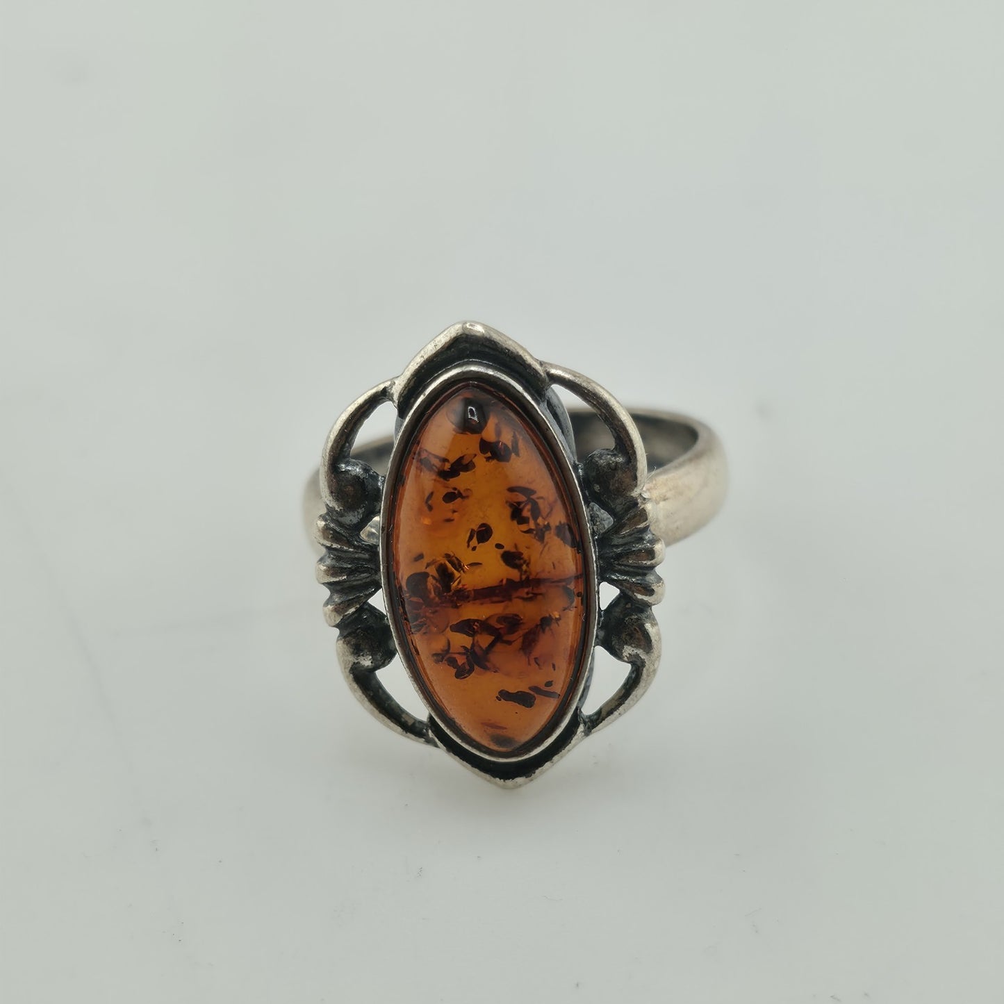 Baltic Amber Sterling Silver Ring Oval Stone Gothic Modernist 7 Polish