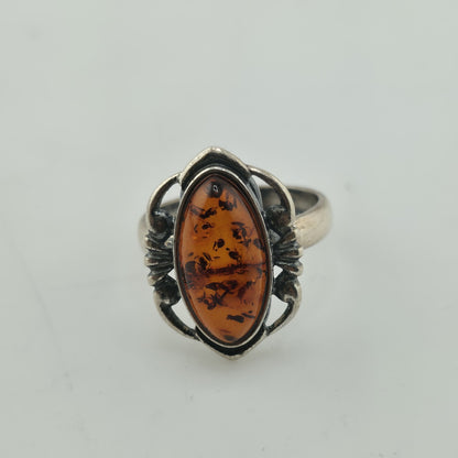 Baltic Amber Sterling Silver Ring Oval Stone Gothic Modernist 7 Polish