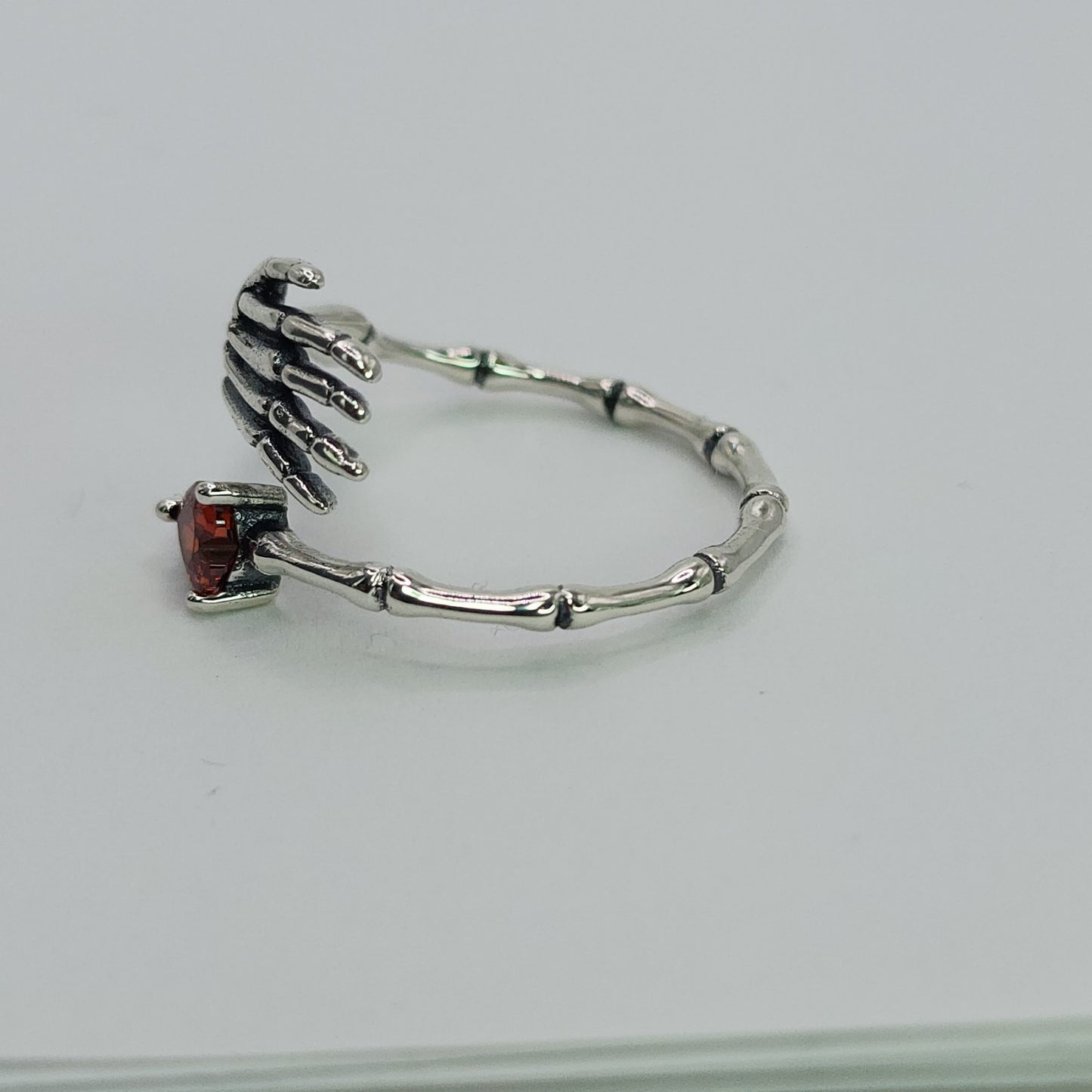 Gothic Skeleton Hand Ring Red Heart CZ 925 Sterling Silver Love Witch Adjustable