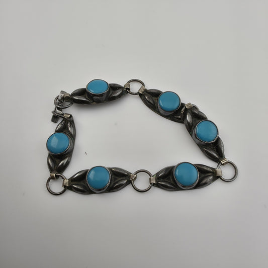 Vintage Mexican JFG Sterling Silver & Turquoise SHADOW BOX Link Bracelet 6.5