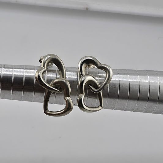 Sterling Silver Linked Double Heart Post Earrings 925 Chunky Modern Love