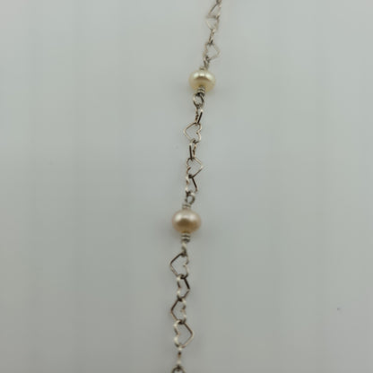 925 Sterling Silver Heart Links ❤️ Pearls Necklace Jewelry 16 Inches