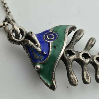 Sterling Silver 925 Green Blue Enamel Fish Bone Pendant Moveable Parts Vintage