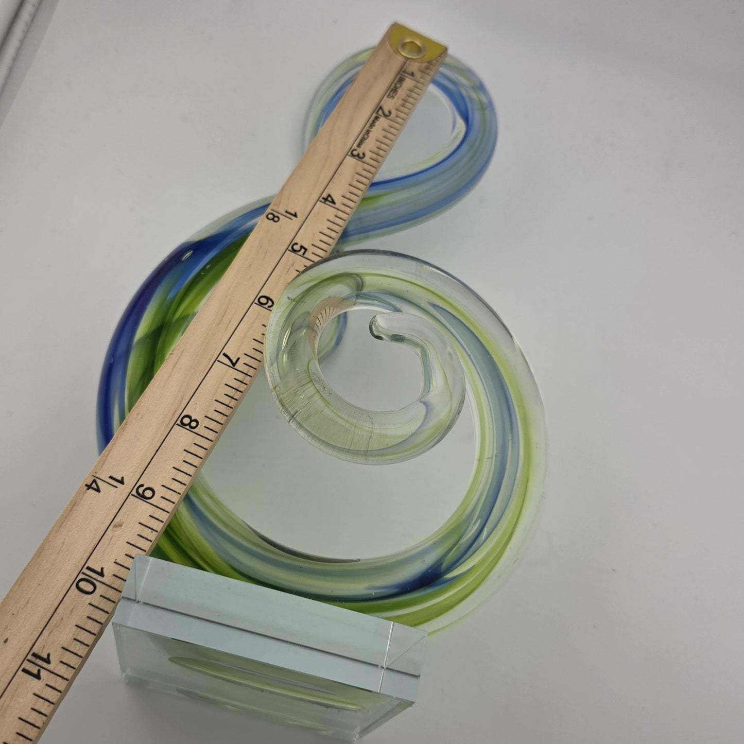 Hand Blown Music Treble Clef 10" Art Glass Sculpture Blue Green Infinity Vintage