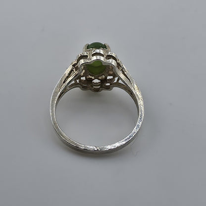 Sterling Silver Ring Green Jade Stone Filigree Halo Vintage 925 Size 6