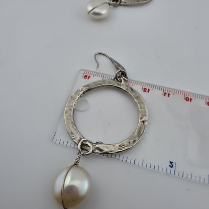 Sterling Silver Earrings Hammered Textured Hoops Dangle Freshwater Pearls 925