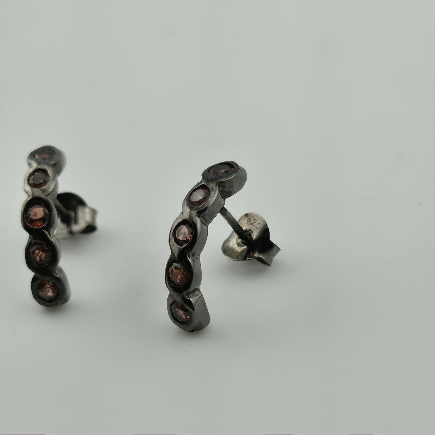 Artisan Handmade Garnet Earrings in 925 Black Sterling Silver Unique Organic