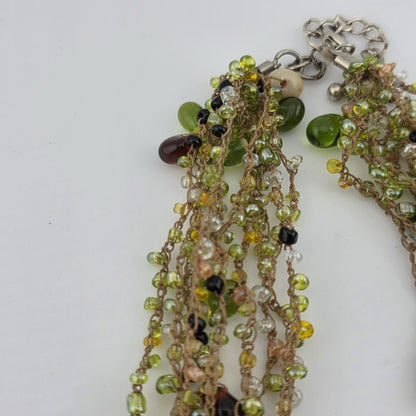 Multistrang Gemstone Handmade Crochet Necklace Olive, avocado Green tones 18"