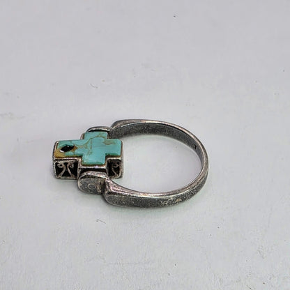 925 Sterling Spinner Ring Turquoise Cross Double Sided Articulated Vintage PD  7