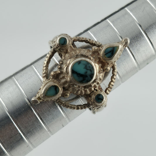 Vintage Sterling Silver Turquoise Ring Ornate Beaded Artisan Design Size 5.75