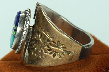 Larry Pacheco Vintage Ring  7 Sterling Silver Copper Lapis Opal Inlay Southwest