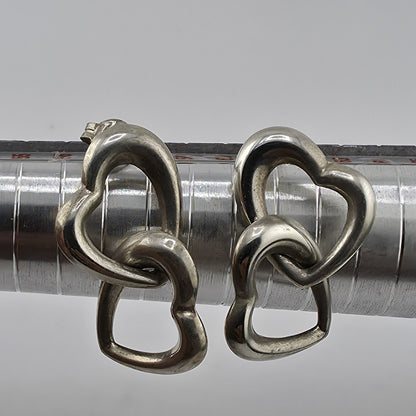 Sterling Silver Linked Double Heart Post Earrings 925 Chunky Modern Love