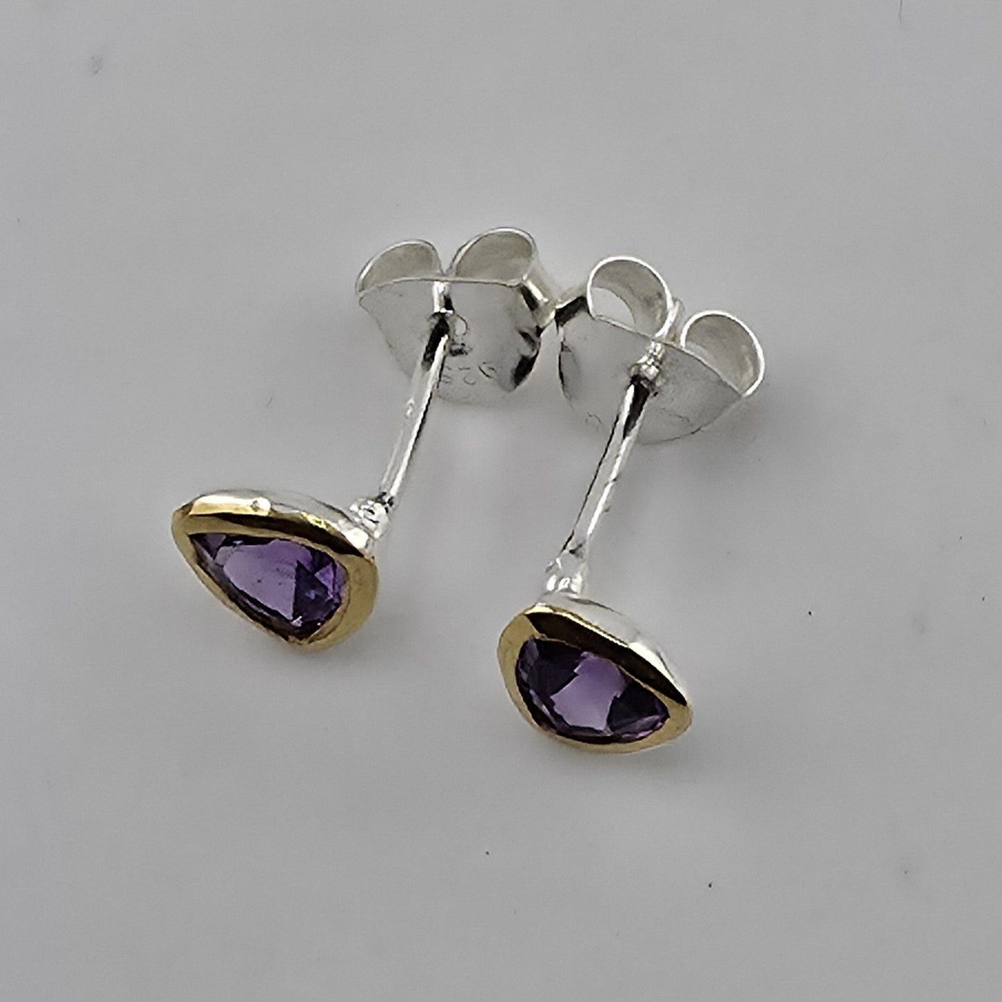 925 Sterling Silver Stud Earrings Natural Purple Amethyst Two Tone