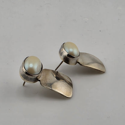 STERLING SILVER EARRINGS FAUX PEARLS Abstract Native Heavy - 1 1/8"