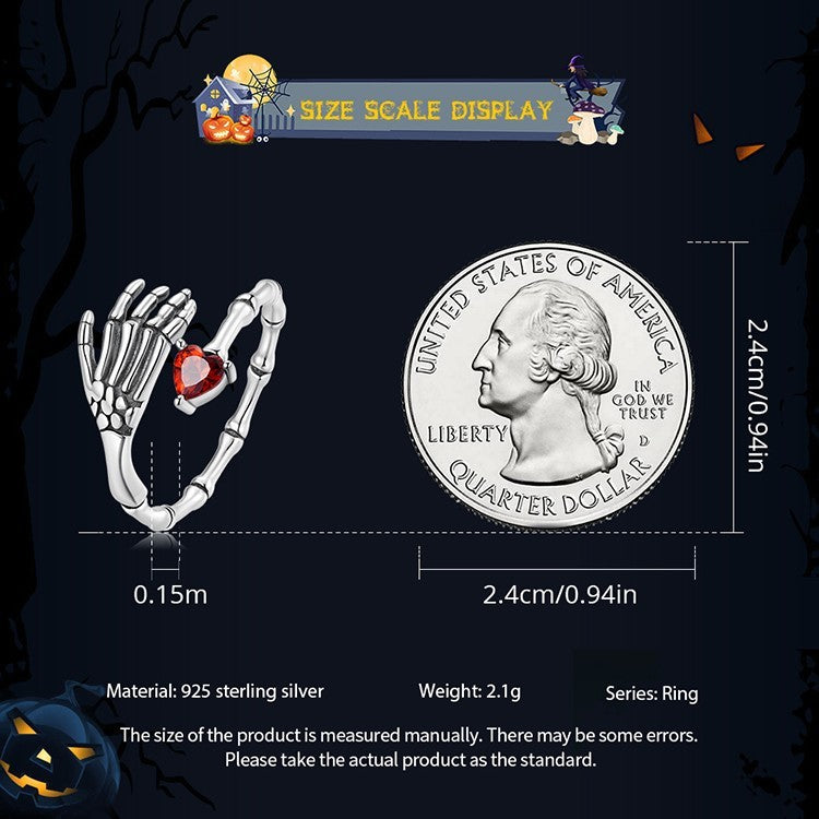 Gothic Skeleton Hand Ring Red Heart CZ 925 Sterling Silver Love Witch Adjustable