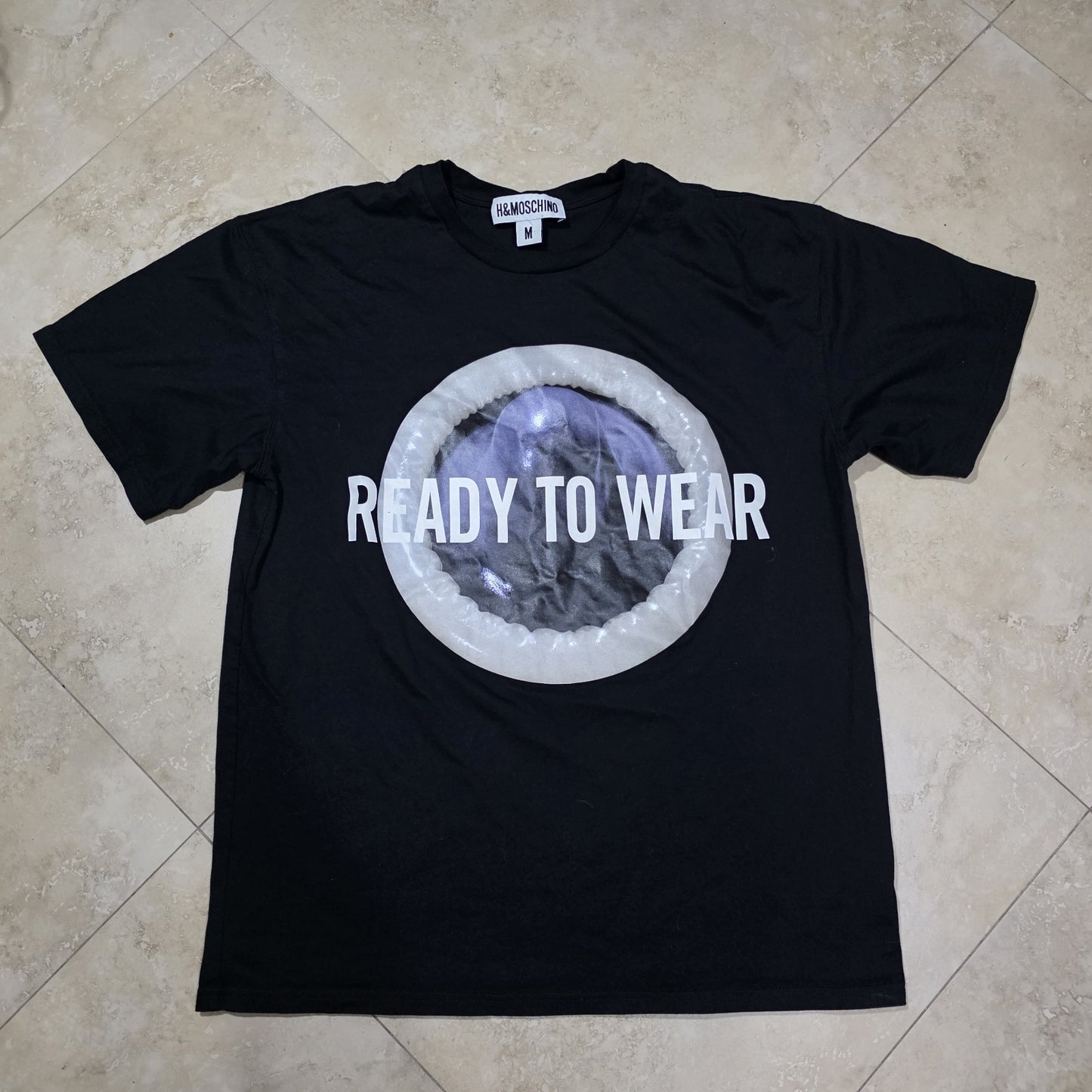 Moschino x H&M Limited Edition Mens Med Shirt Condom Graphic Black Tee Sex Joke