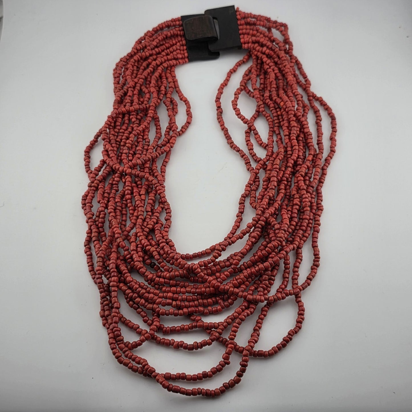 Dark Red Glass Bead Multistrand, Layered Necklace With Wooden Square Closure