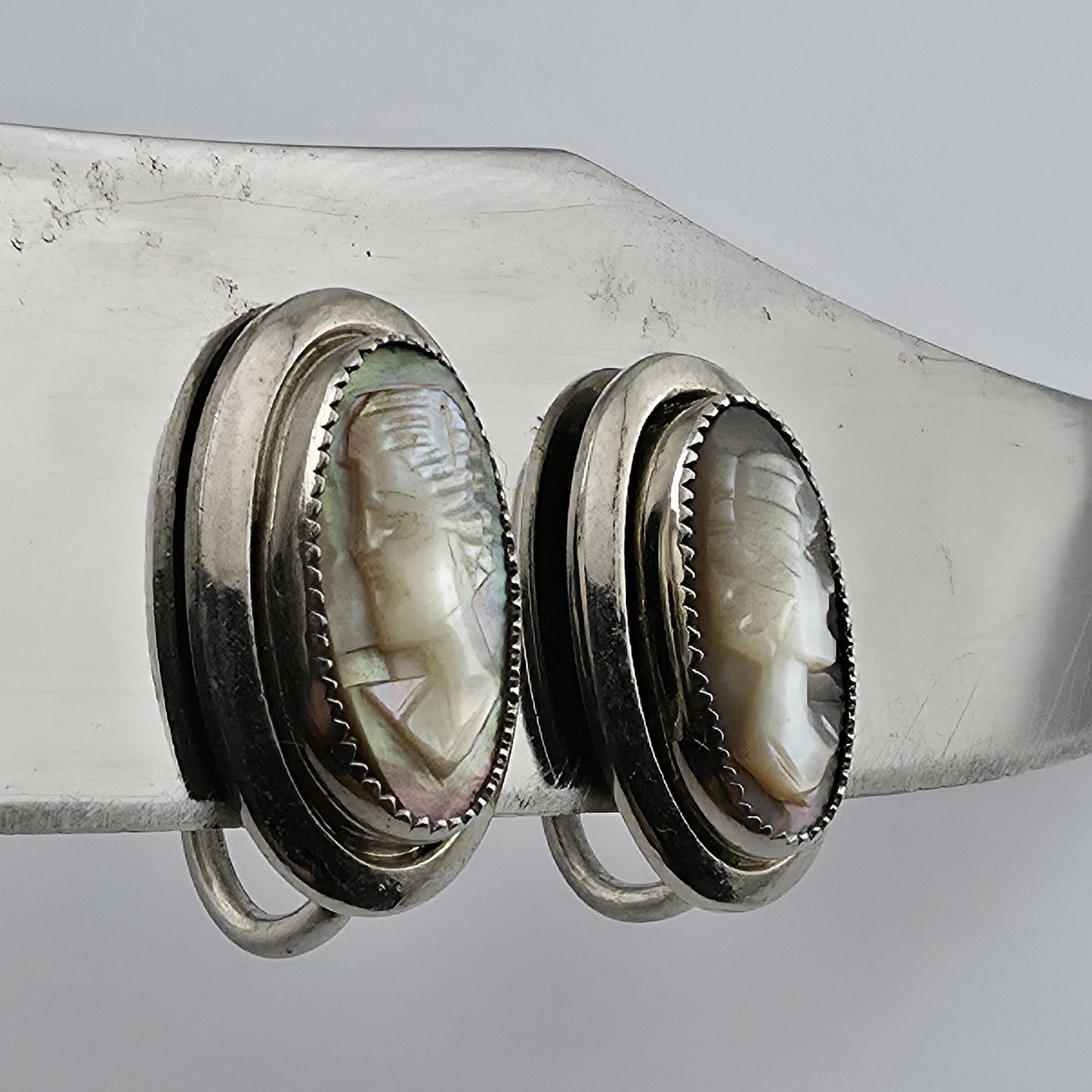 SARAH COVENTRY Cameo Earrings 925 Sterling Silver Art Deco Abalone Shell 1969