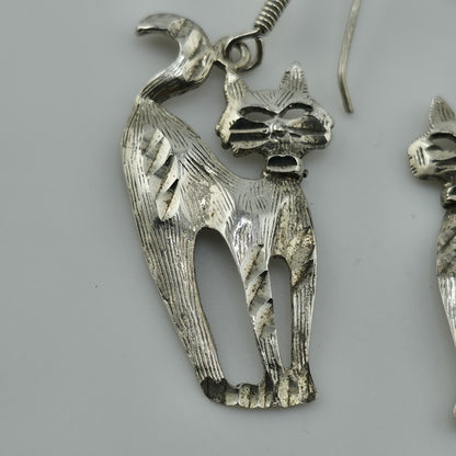 Sterling Silver Modernist Kitty Cat MCM Dangle Hook Earrings 4g 925 NF Vintage