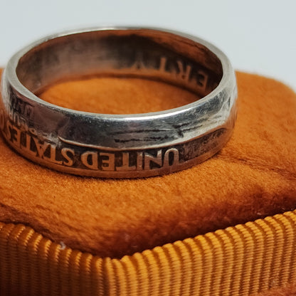 1964 Quarter Dollar Coin Ring Size 8 90% Silver Handmade Ring Tested USA Vintage
