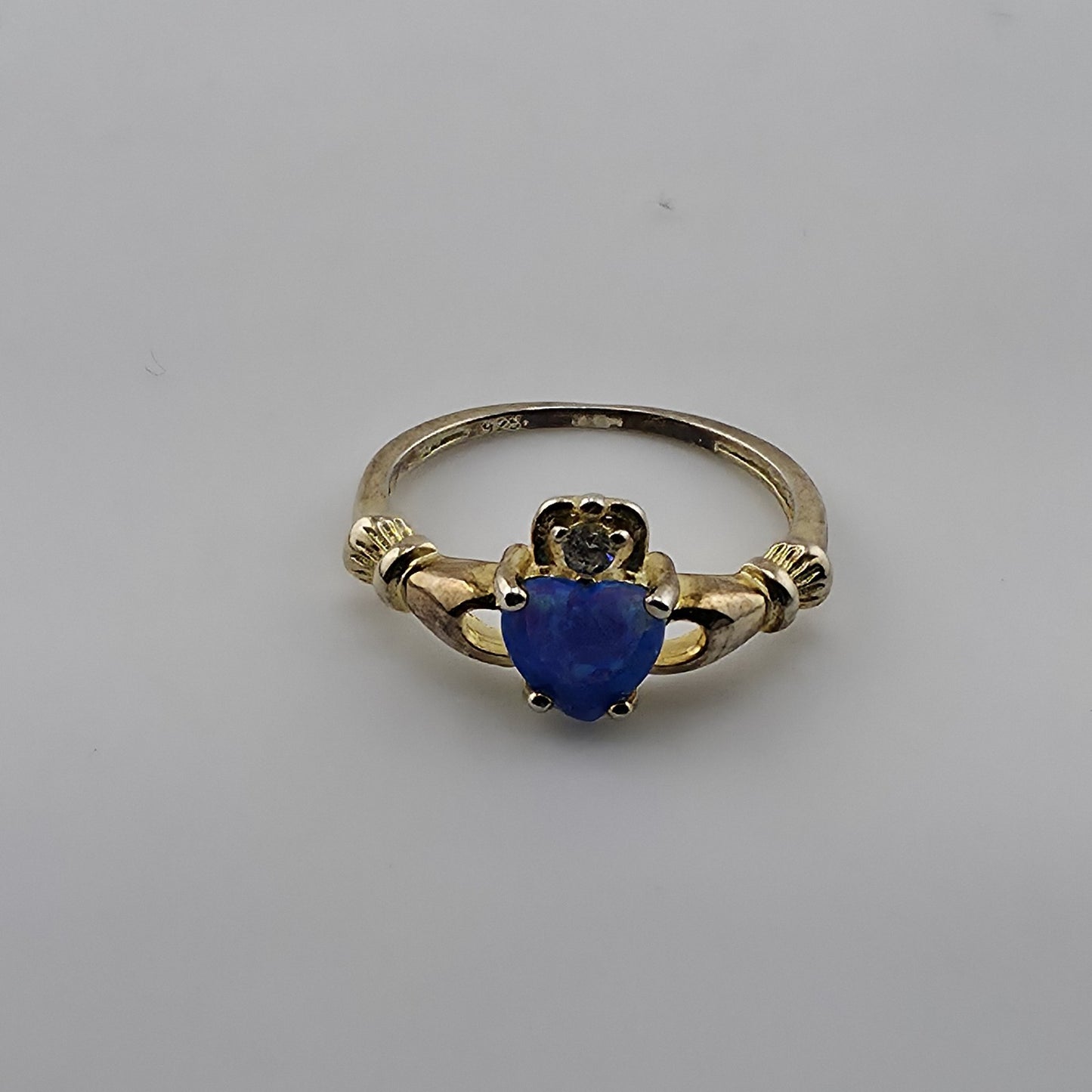 Sterling Silver 925 Gold Vermeil Blue Opal Heart Claddagh Ring CZ Size 5.5