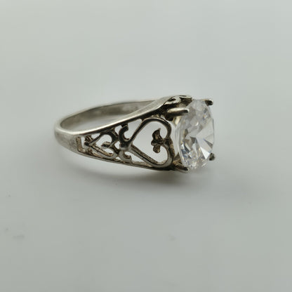 Sterling Silver 925 Large Clear Stone Ring Filigree Heart Vintage Size 7.5