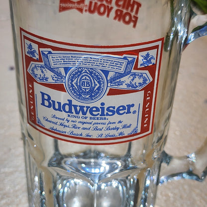 Budweiser “This Bud’s For You” Heavy Glass Beer Mug – Vintage 8" Tall