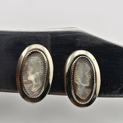 SARAH COVENTRY Cameo Earrings 925 Sterling Silver Art Deco Abalone Shell 1969
