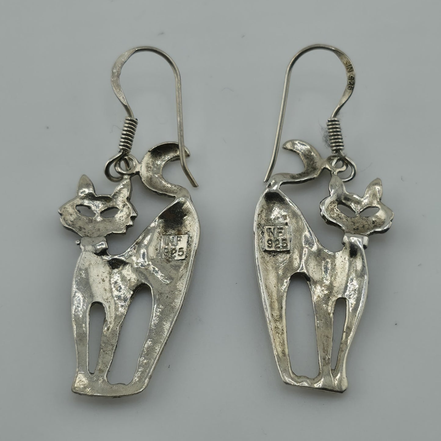 Sterling Silver Modernist Kitty Cat MCM Dangle Hook Earrings 4g 925 NF Vintage