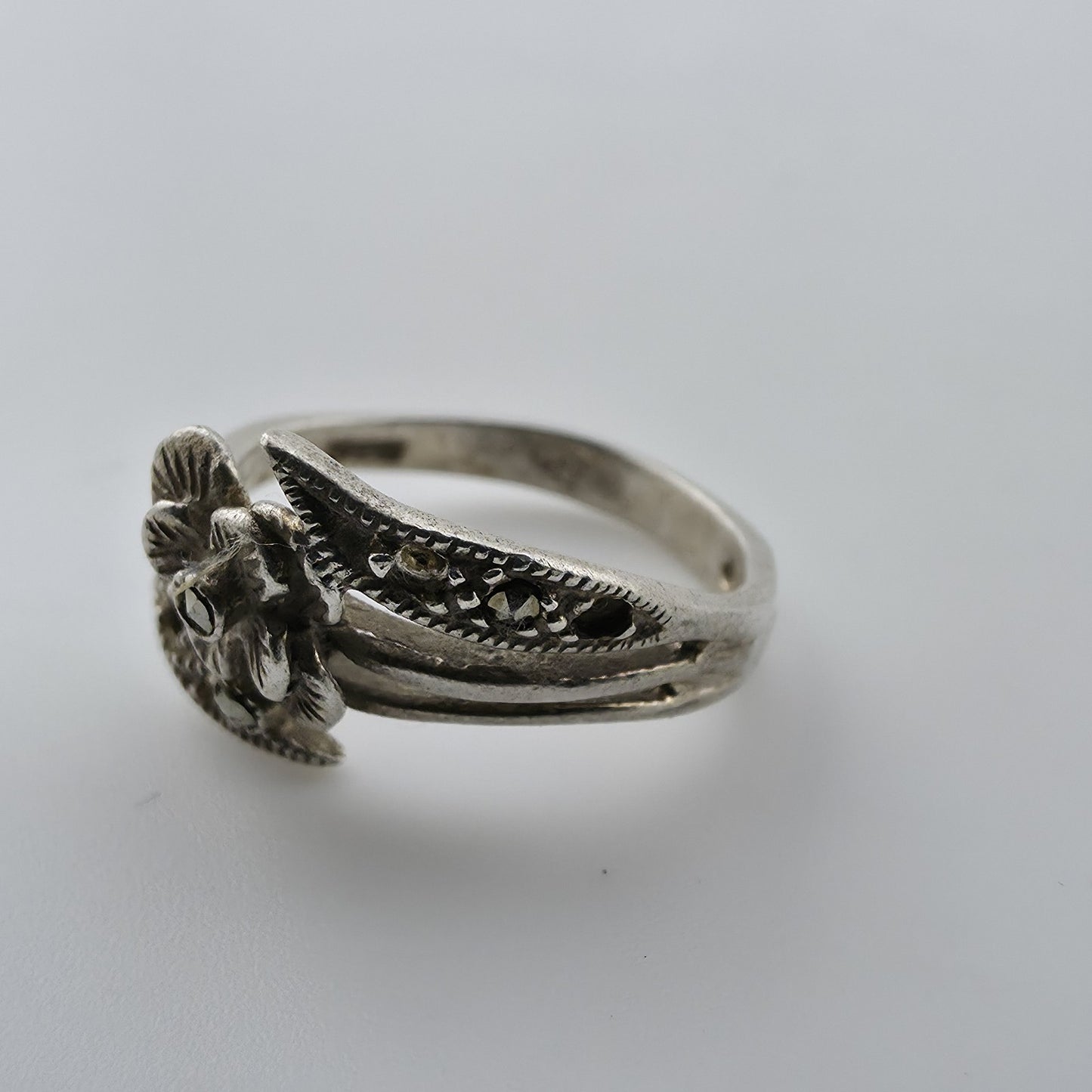 Sterling Silver Marcasite Flower Ring Size 5.5 Dainty Feminine Missing Stones