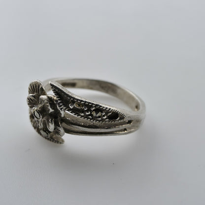 Sterling Silver Marcasite Flower Ring Size 5.5 Dainty Feminine Missing Stones