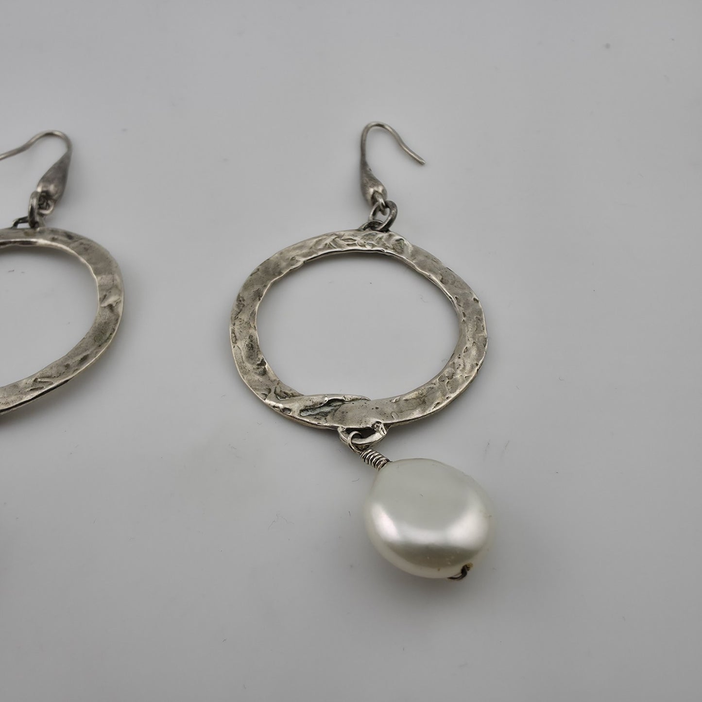 Sterling Silver Earrings Hammered Textured Hoops Dangle Freshwater Pearls 925