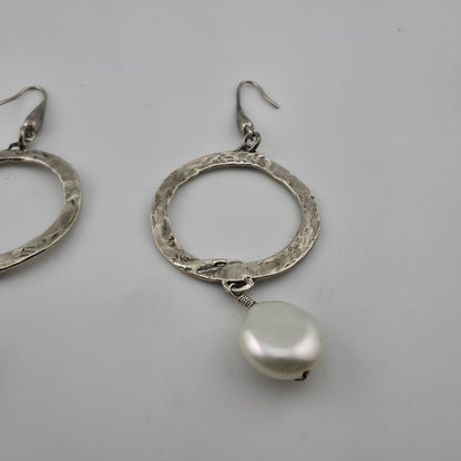 Sterling Silver Earrings Hammered Textured Hoops Dangle Freshwater Pearls 925