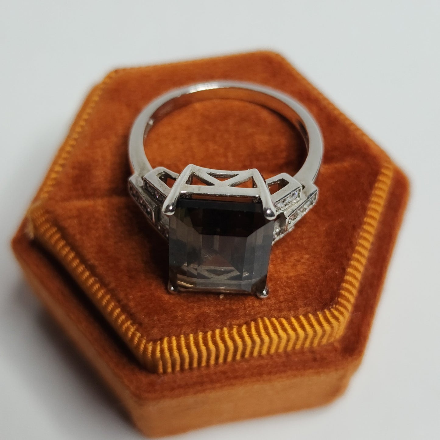 Smoky Quartz Sterling Silver Ring Art Deco Size 8 925 Statement Jewelry