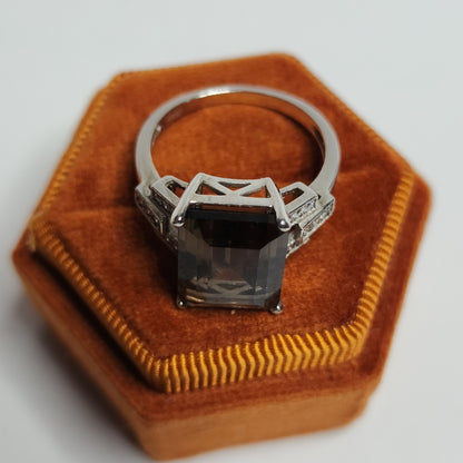 Smoky Quartz Sterling Silver Ring Art Deco Size 8 925 Statement Jewelry