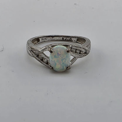 Opal Ring Sterling Silver 925 Simulated Cubic Zirconia Accents 5.5 Vintage