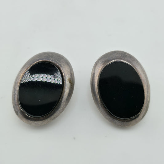 ZINA 925 Sterling Silver Clip On Earrings Vintage Black Onyx Dome Non Pierce