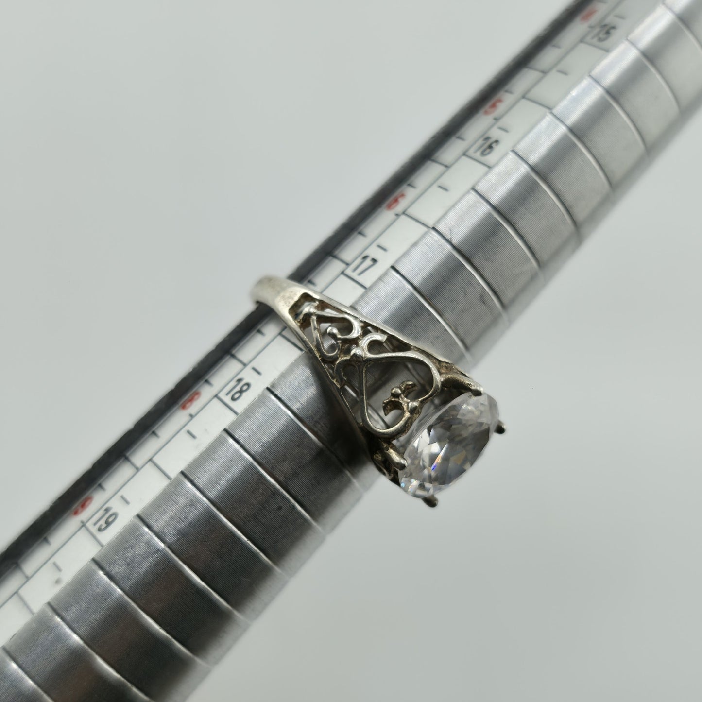 Sterling Silver 925 Large Clear Stone Ring Filigree Heart Vintage Size 7.5