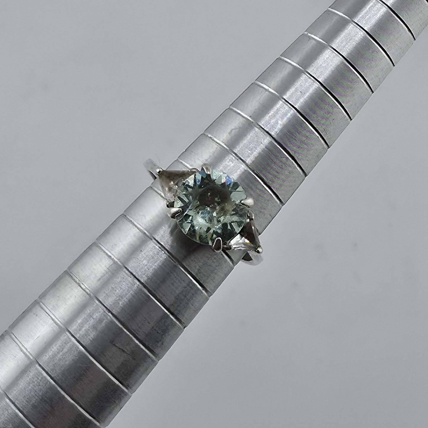 Sterling Silver Ring Blue-Green Stone with Clear Accents Filigree 925 Size 6