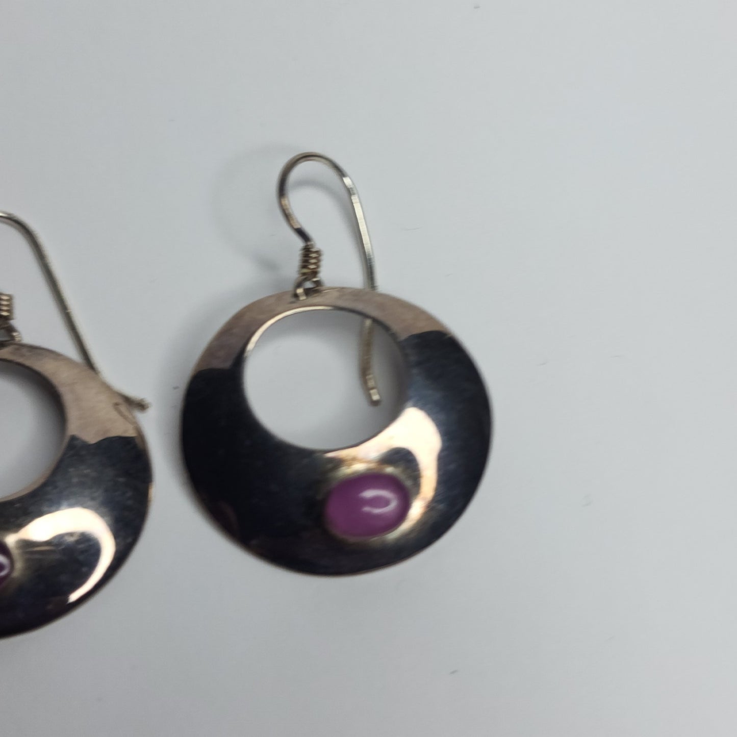 925 Sterling Silver Earrings Dangle Purple Stone Modernist Circle Signed NF VTG
