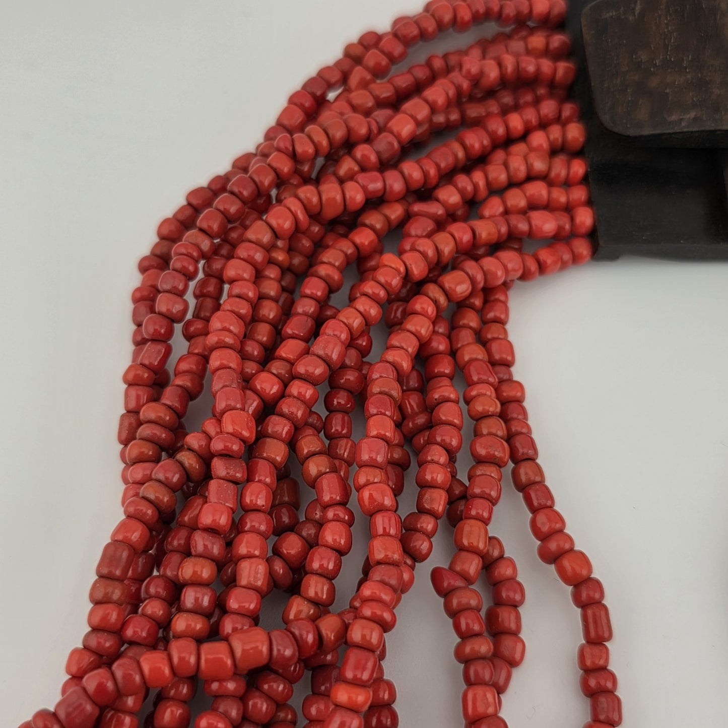 Dark Red Glass Bead Multistrand, Layered Necklace With Wooden Square Closure