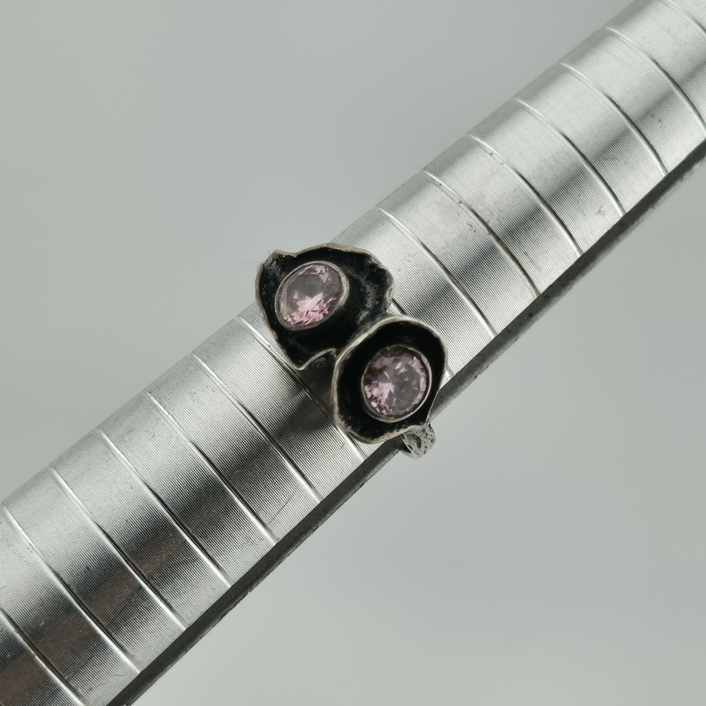 Sterling Silver 925 Ring Brutalist Organic Textured Floral Double Pink Stone 6.7