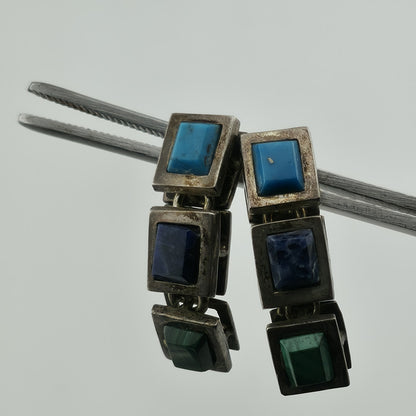Sterling Silver Earrings Turquoise Malachite Lapis Taxco Drop Post Vintage